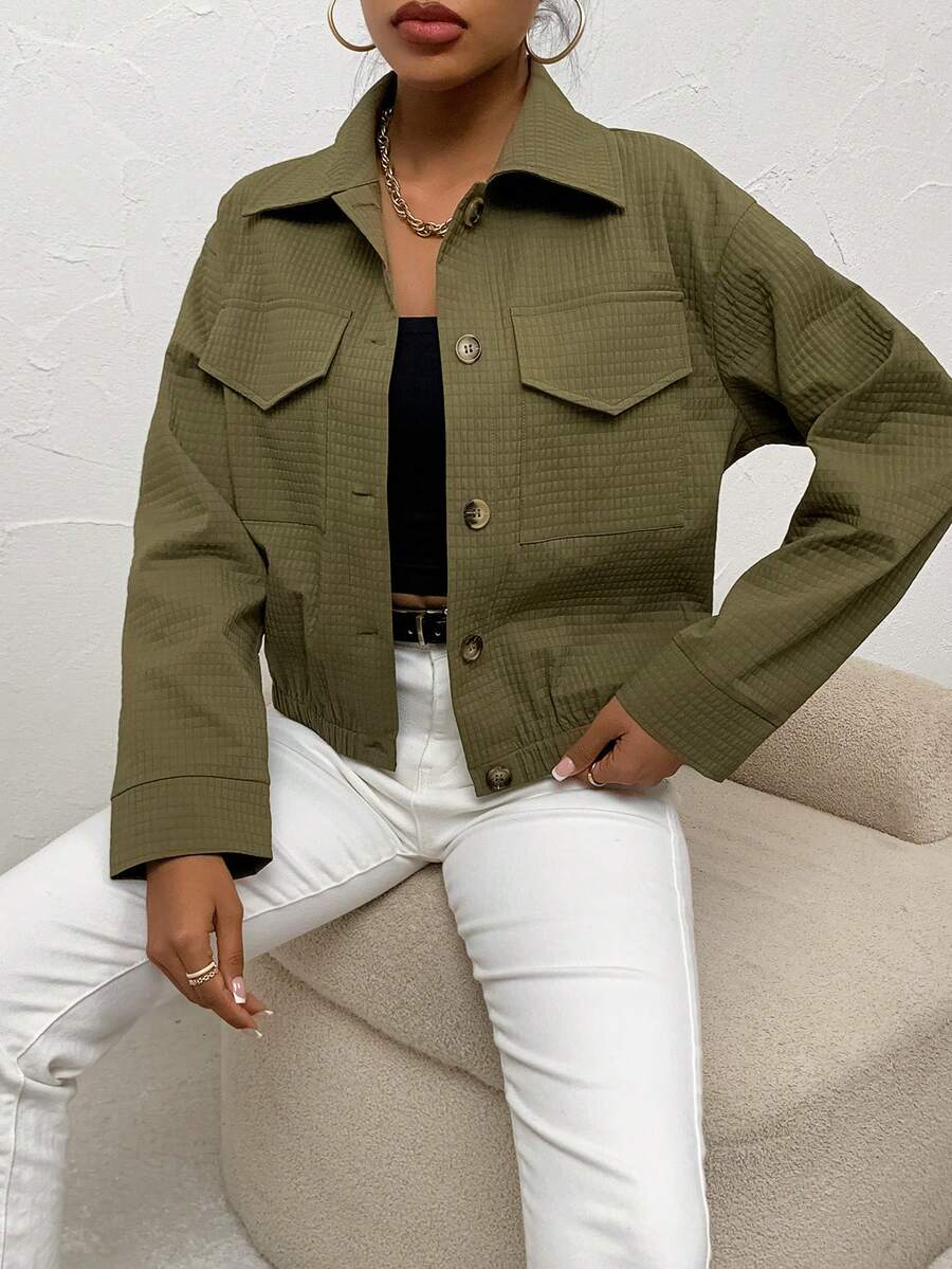 SHEIN LUNE Túi có nắp Thả vai Nút phía trước Áo khoác - xanh quân đội - Xem 1