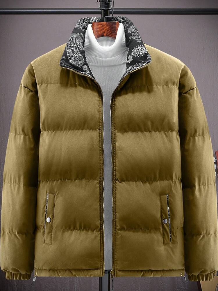 1pc Oversized Men's Reversible Drawstring Hem Zip Up Padded Coat