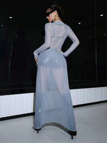 SHEIN ICON Lettuce Trim Tie Front Mesh Longline Top - Grey - View 3