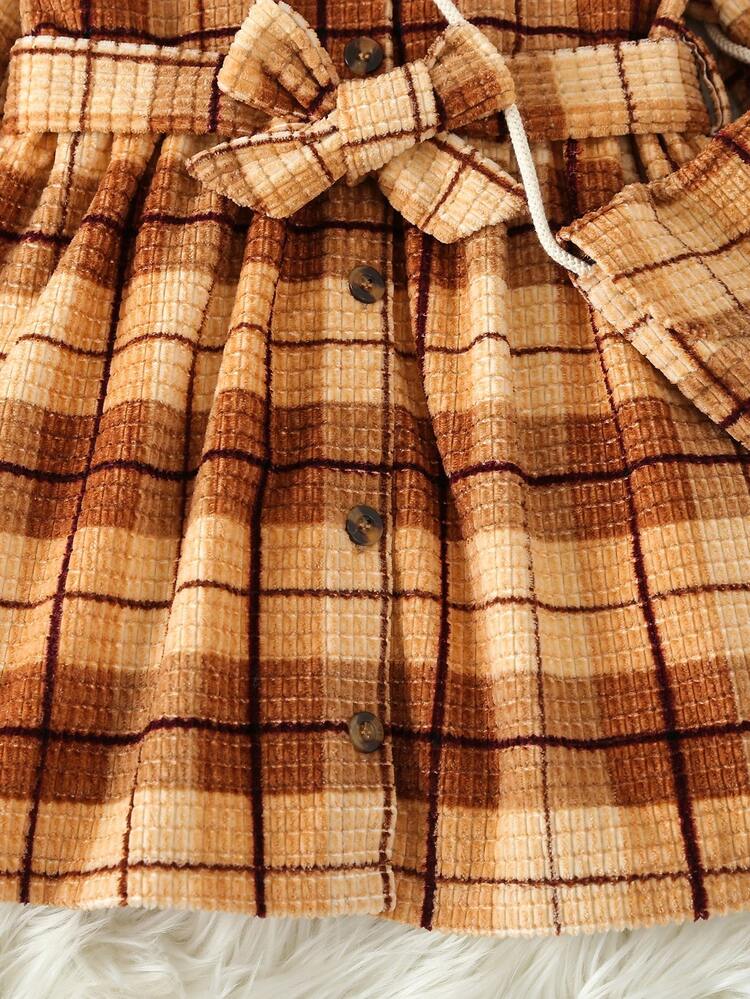 Young Girl Plaid Print Belted Shirt Dress