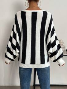 SHEIN LUNE Striped Pattern Batwing Sleeve Knit Pullover Fall Winter Sweater - Multicolor - View 2