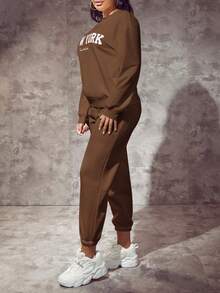 SHEIN SXY Letter Graphic Drop Shoulder Sweatshirt - Coffee Brown - View 3