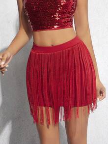 SHEIN BAE Solid Fringe Trim Bodycon Skirt - Red - View 6