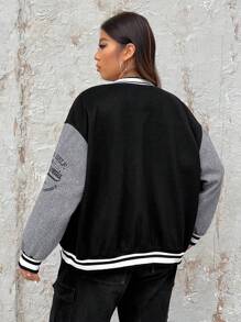 SHEIN EZwear Plus Letter Graphic Striped Trim Drop Shoulder Varsity Jacket - Multicolor - View 2