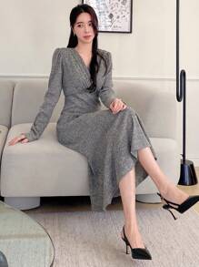 Dazy Star Solid Surplice Neck Mermaid Hem Dress,Fall Clothes - Dark Grey - View 1