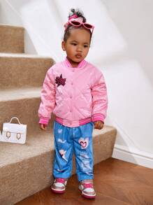 SHEIN Baby Girls' Street Style Diamond Grid Faux Sequin Patterned Fleece Jacket - Pink - View 5