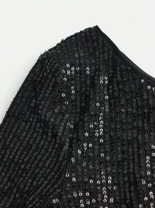 青少年女孩夏季时尚纯色单肩亮片连衣裙适合聚会 - 黑色 - 查看 4