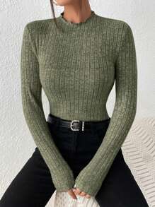 SHEIN Frenchy 女式羅紋長袖 T 卹 - 軍綠色 - 查看 3