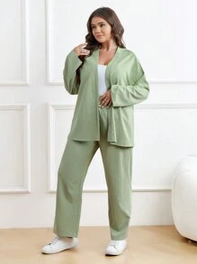 SHEIN LUNE 大碼落肩袖襯衫和褲子 - 薄荷綠 - 查看 5