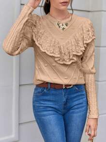 SHEIN Frenchy Ren tương phản Viền Ruffle Áo len - Màu Khaki - Xem 6