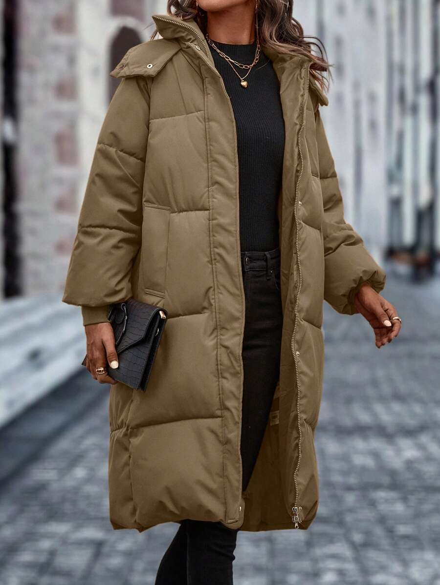EMERY ROSE 休闲纯色连帽加厚棉服外套，冬装 - 卡其色 - 查看 1
