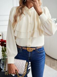 SHEIN VCAY Ruffle Trim Button Front Shirt - Apricot - View 1