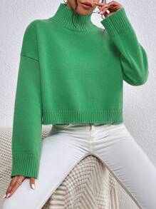 SHEIN LUNE High Neck Drop Shoulder Sweater - Mint Green - View 5