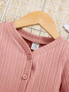 SHEIN Baby Girl Flounce Sleeve Button Front Tee & Flare Leg Pants - Pink - View 5