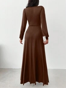 EURMUSE Deep V-neckline Slit Up To Thigh Length Dress - Brown - View 2