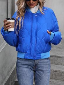 SHEIN LUNE Baseball Collar Drop Shoulder Padded Coat - Royal Blue - View 3