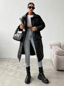 EURMUSE Snap Button Up Belted Quilted Coat - Black - View 4