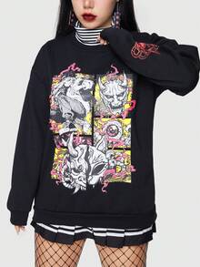 ROMWE Anime Của phụ nữ Hoạt hình In Thả vai Áo nỉ Không có Áo thun - màu đen - Xem 2