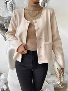 SHEIN LUNE Dual Pocket Button Front Overcoat - Apricot - View 1