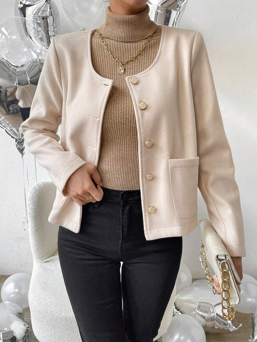 SHEIN LUNE Dual Pocket Button Front Overcoat - Apricot - View 1