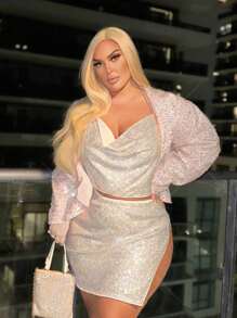 SHEIN SXY Glänzender Anzugjacke Für Große Größen Für Silvesterparty - Babypink - Übersicht 4