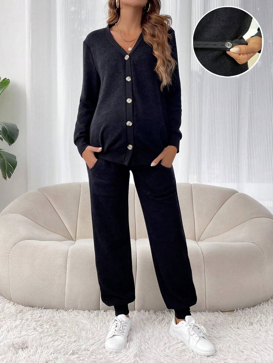 SHEIN Thai sản Nút phía trước Áo khoác & Vòng eo có thể điều chỉnh Quần - màu đen - Xem 1