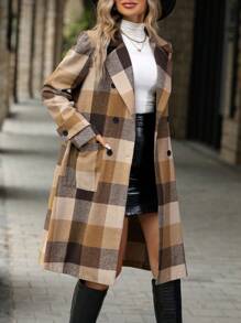 SHEIN Clasi 格紋印花西裝領雙排釦雙口袋花呢外套 - 彩色 - 查看 5