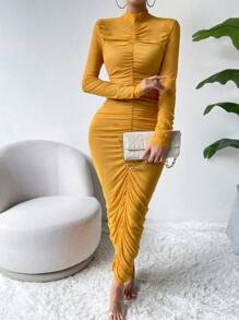 Chiquease Cổ giả Xù Váy bodycon - Màu vàng - Xem 3