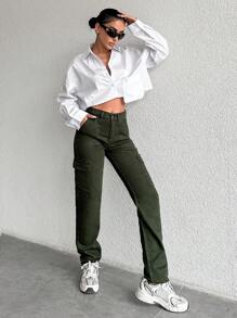 SHEIN Cottnline Women Utility Jeans - Green - View 1