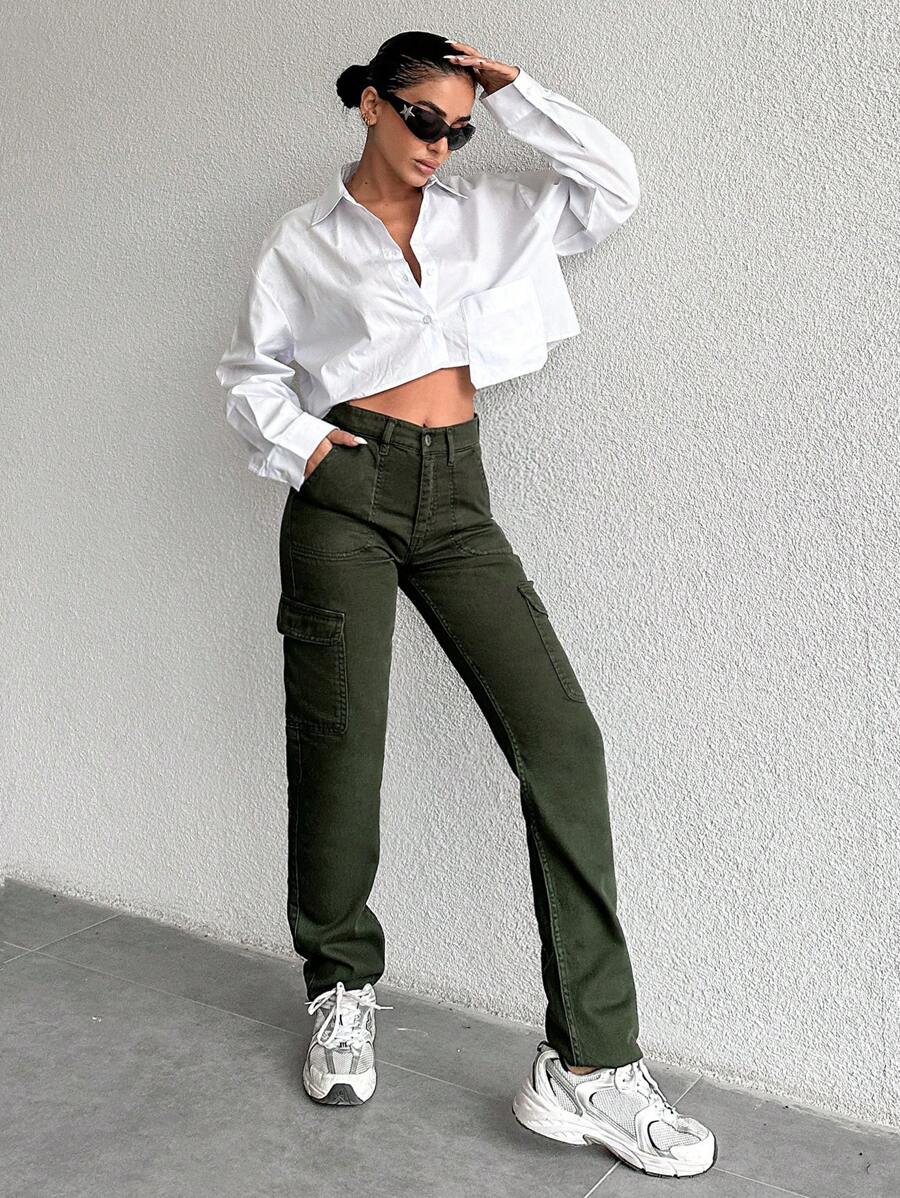 SHEIN Cottnline Women Utility Jeans - Green - View 1