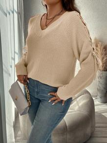 SHEIN Clasi Plus Size Women'S Tie-Up Raglan Sleeve Pullover Sweater In Fall/Winter - Apricot - View 5