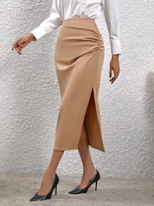 SHEIN Clasi Women's Side Split Asymmetrical Pleated Skirt - Khaki - View 1