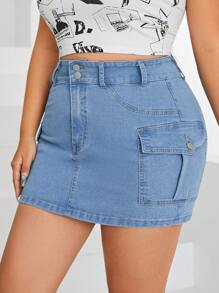 SHEIN EZwear Plus Size Denim Skirt With Cargo Side Pockets - Blue - View 3