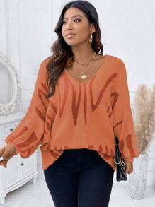 Calvaya 大碼圖形圖案蝙蝠袖套頭毛衣 - 亮橙色 - 查看 6