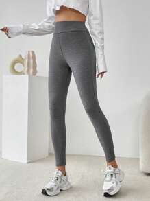 SHEIN Essnce 素色寬腰帶保暖緊身打底褲 - 灰色 - 查看 6