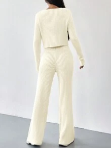 SHEIN EZwear Autumn And Winter 2pcs/Set Women V-Neck Button Decor Contrast Color Long Sleeve Top And Knitted Long Pants Sweater Suit