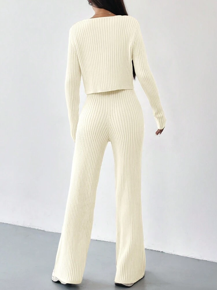 Autumn And Winter 2pcs/Set Women V-Neck Button Decor Contrast Color Long Sleeve Top And Knitted Long Pants Sweater Suit