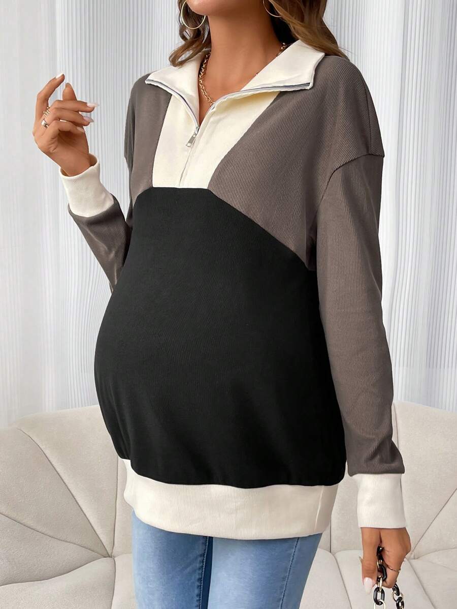 SHEIN Maternity Colorblock Half Zip Drop Shoulder Sweatshirt - Multicolor - View 1