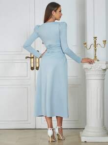 Square Neck Puff Sleeve Ruched Dress - Baby Blue - View 2
