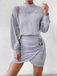 SHEIN Frenchy Mock Neck Drop Shoulder Buckle Side Wrap Hem Dress - Blue and White - View 4