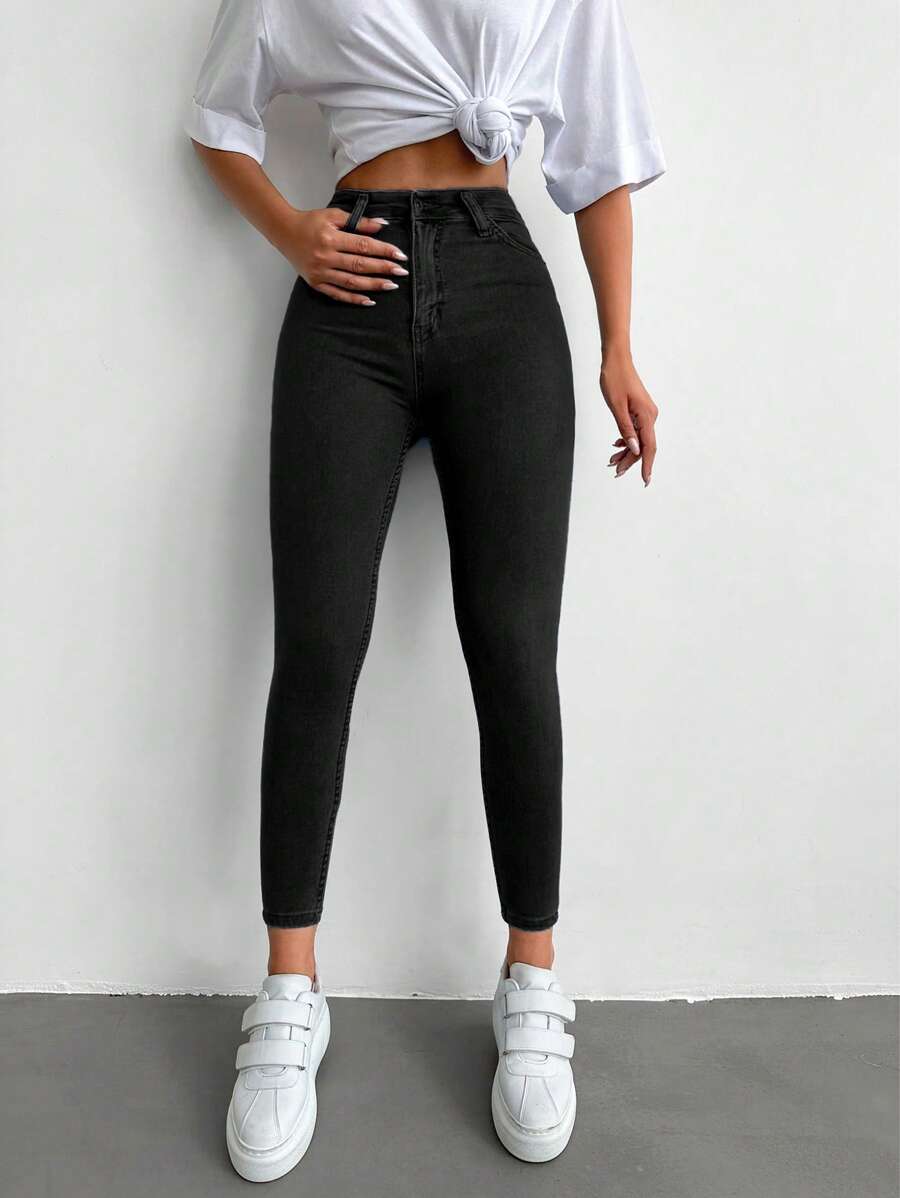 EURMUSE 96% Cotton High Waist Skinny Cropped Jeans - Dark Grey - View 1