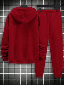 Manfinity Homme 男士字母印花束口帽衛衣和運動長褲套裝 - 酒紅色 - 查看 2