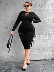 Allurite 大碼梯狀鏤空側抽繩緊身洋裝 - 黑色 - 查看 3