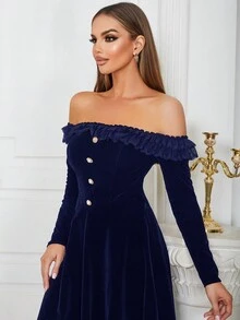 Off-Shoulder Ruffle Trim Button Front Velvet Dress - Blue - View 8