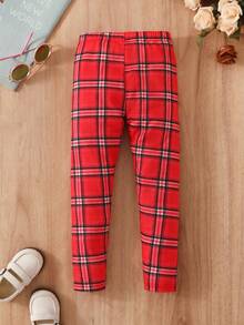 SHEIN 女小童格紋印花緊身打底褲