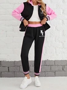 SHEIN Unity 女士字母印花拼色棒球外套和褲子套裝 - 彩色 - 查看 5