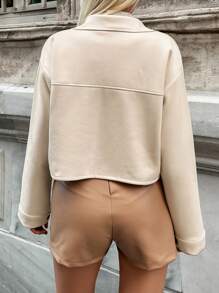 EURMUSE Flap Pocket Drop Shoulder Crop Jacket - Beige - View 2