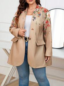 SHEIN LUNE Plus Floral Print Flap Detail Overcoat - Apricot - View 6