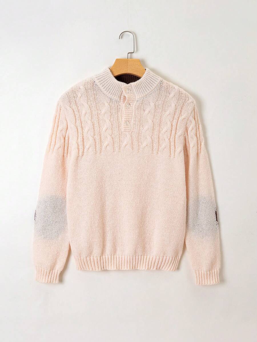 Teen Boy Contrast Panel Cable Knit Sweater - Apricot - View 1