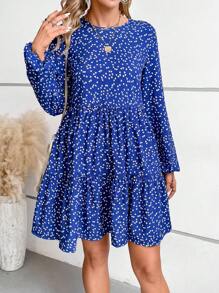 SHEIN VCAY 滿版心形印花燈籠袖荷葉邊洋裝 - 藏蓝色 - 查看 3